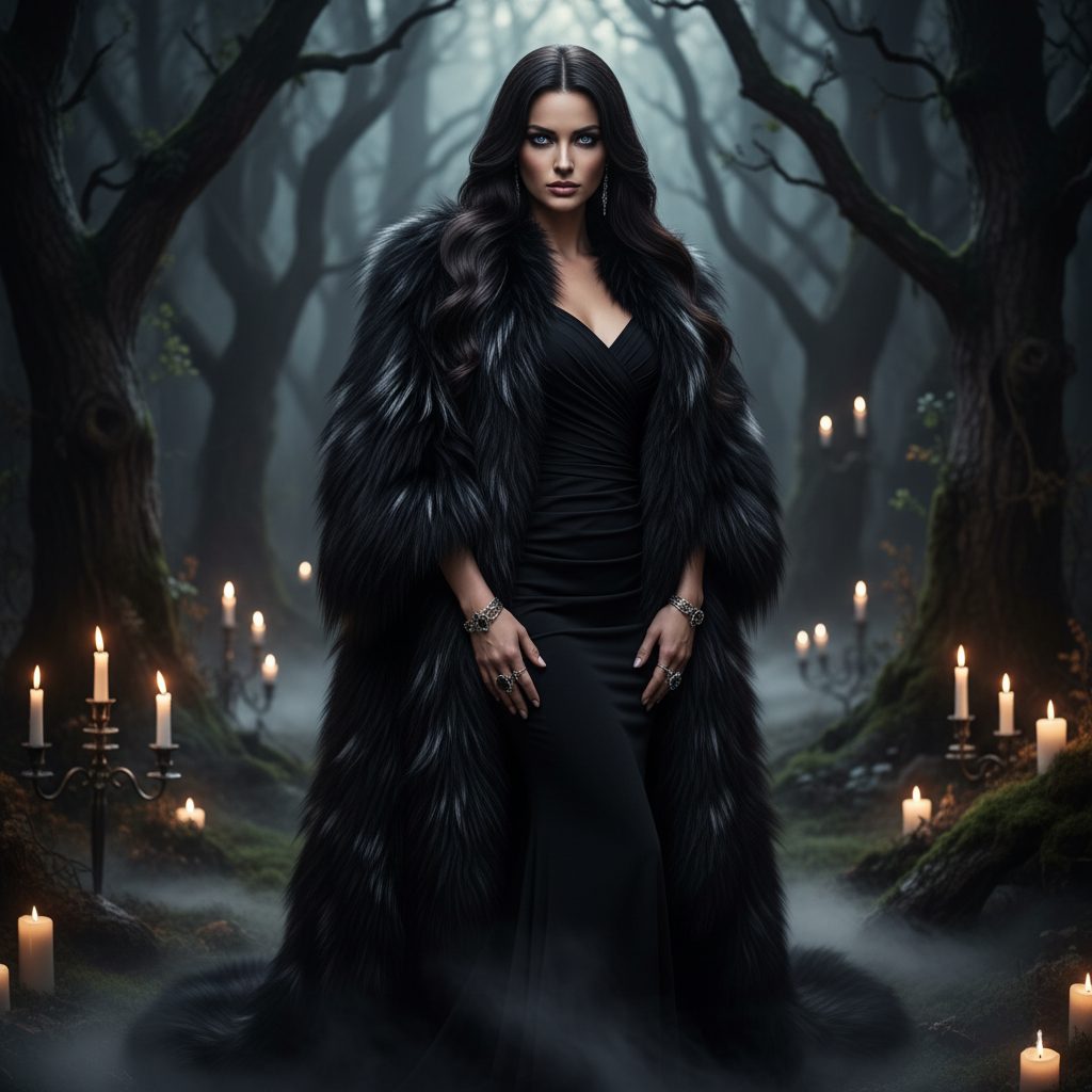 Dark Enchantress: Sleek black dress + dramatic Fox Cape