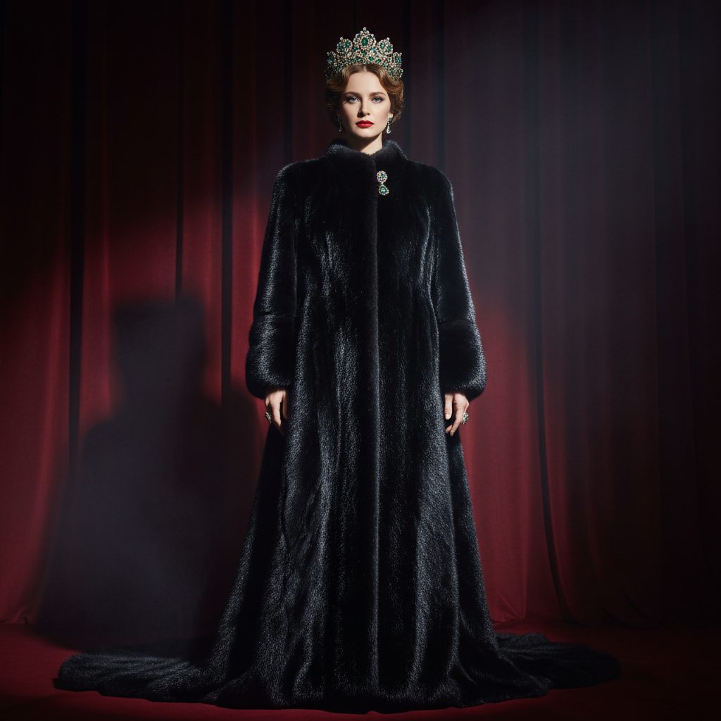 Regal Queen of the Night: Floor-length Mink Coat + jeweled headpiece