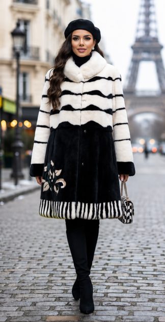 Designer Black White Mink Coat