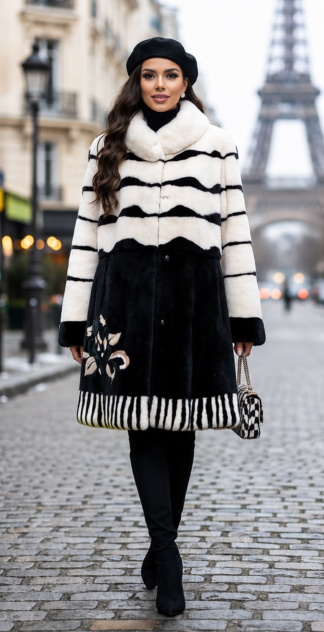 Designer Black White Mink Coat