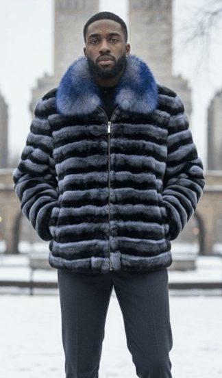 Mens Blue Rex Rabbit Jacket Fox Collar
