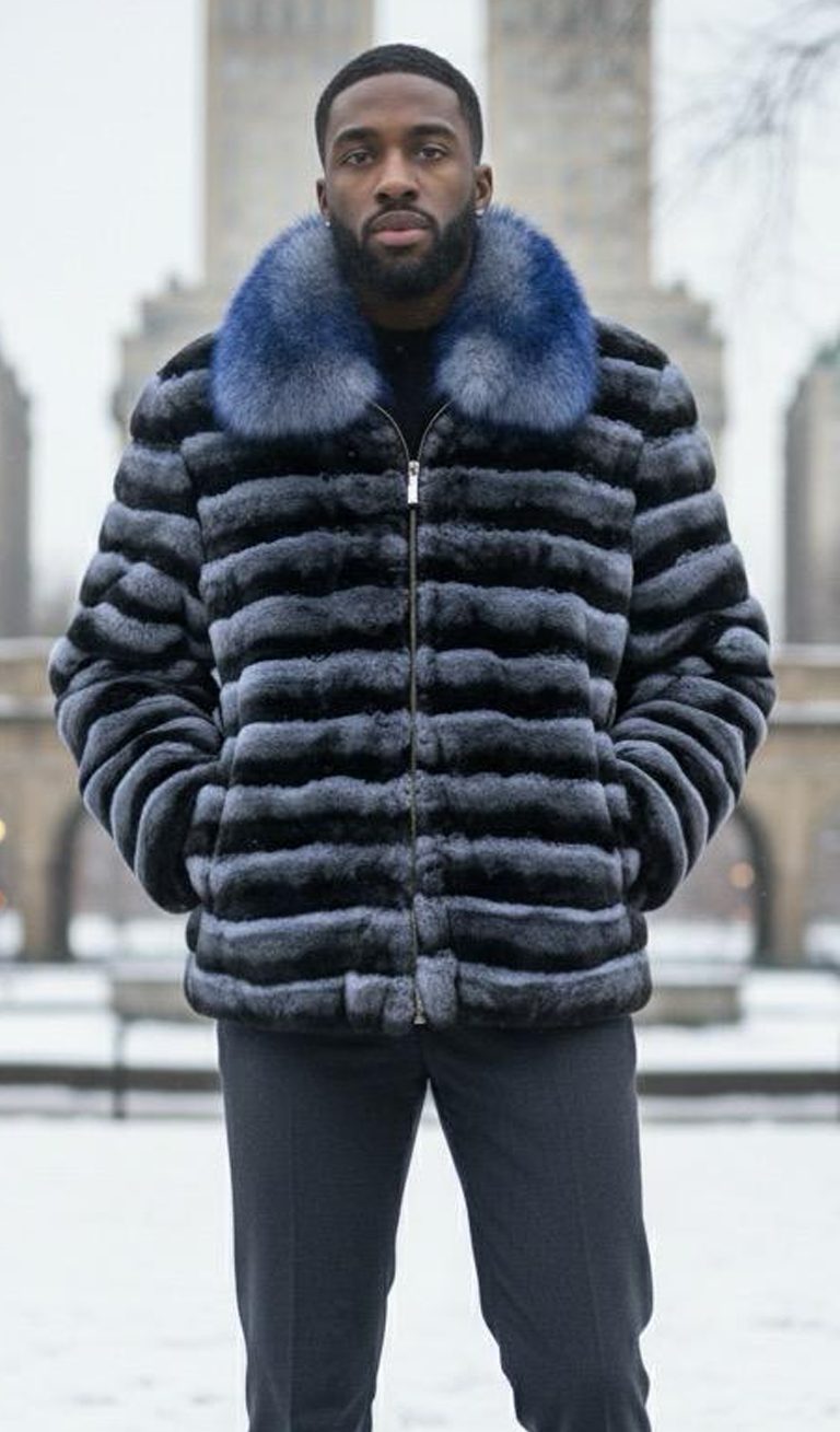 Mens blue rex rabbit fur jacket with fox collar, available for wardrobe fur rental in NYC