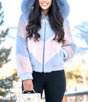 Pink and blue mink jacket Fox hood