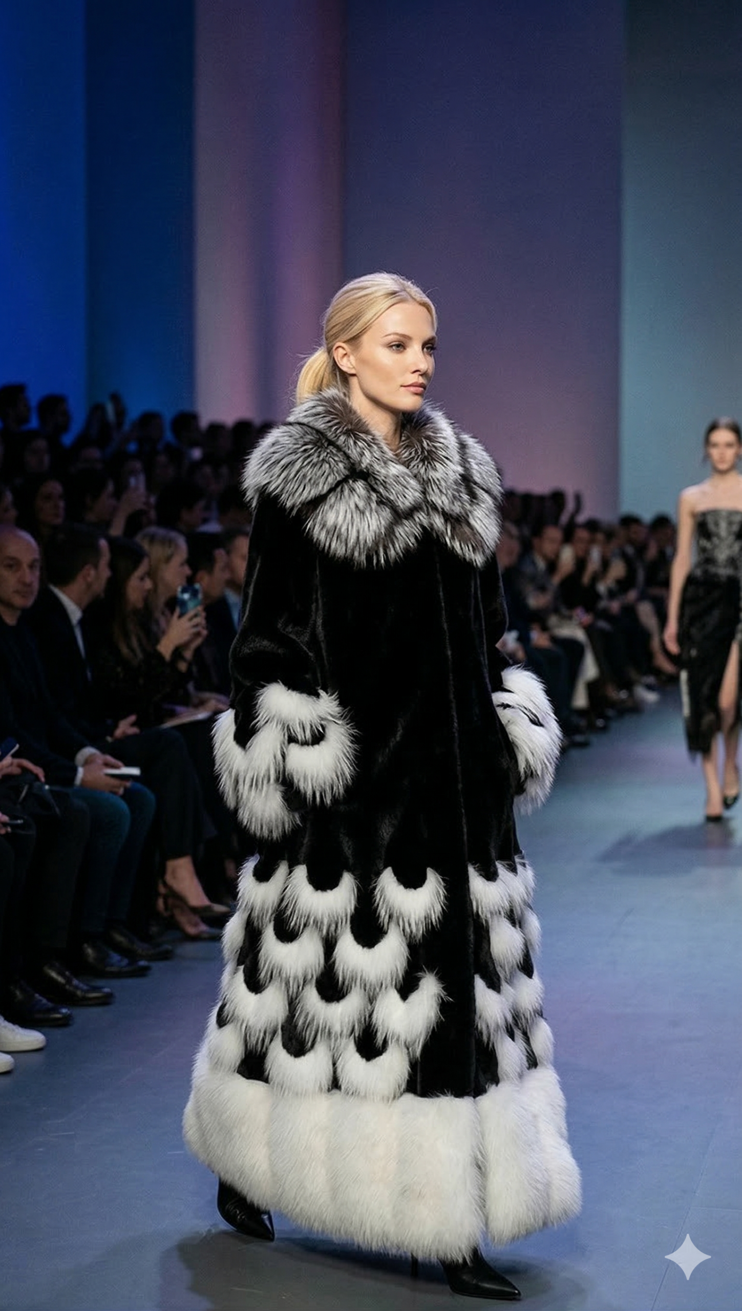 Full Length Mink Coat Black Mink White Fox Collar and Border 1130 - Image 3