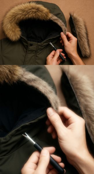 Whiskey fox fur trim being fitted to the hood of an olive green parka.