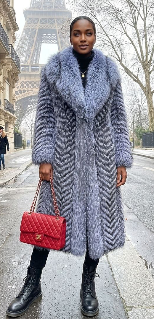 Full Length Silver Fox Chevron Coat 3946