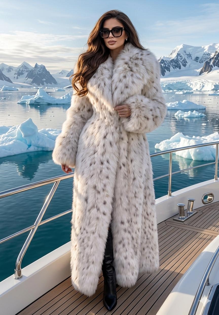 Elegant woman in full length lynx fur coat walking toward a luxury waterfront restaurant at night