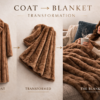 Long brown plush fur coat, textured faux fur, cozy interior lifestyle, woman holding tea with fur blanket.