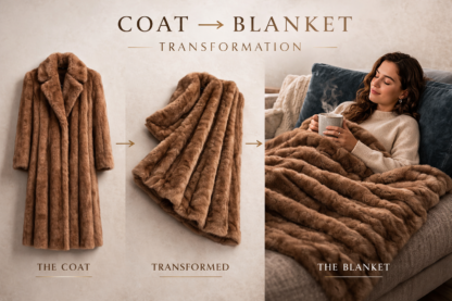 Long brown plush fur coat, textured faux fur, cozy interior lifestyle, woman holding tea with fur blanket.