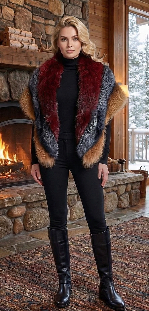 Silver Red Burgundy Fox Poncho 6554