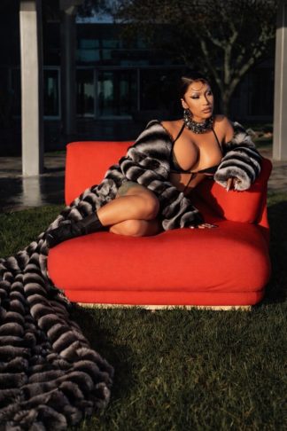 An open rex rabbit coat with broad shoulders trails across the grass from a red chair.