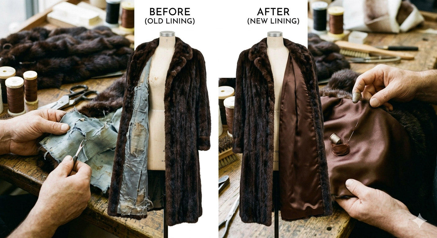 Before and after fur coat lining replacement