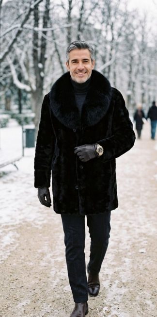 A man modeling a mid-length Black Diamond Cut genuine mink stroller coat with a plush black fox fur collar.