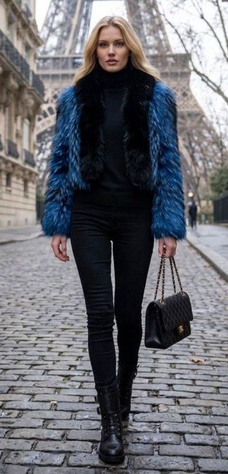 A model wearing a vibrant blue feathered fox fur jacket featuring a contrasting black fox fur tuxedo front and collar.