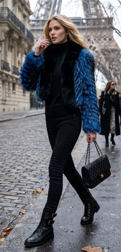 A model wearing a vibrant blue feathered fox fur jacket featuring a contrasting black fox fur tuxedo front and collar.