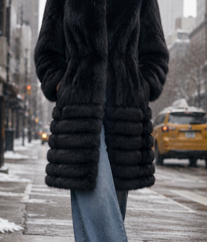 A stylish woman walking on a snowy New York City street at West 57th Street, wearing a plush black fox fur stroller coat with a tiered design, paired casually with wide-leg blue jeans, black pointed-toe boots, and dark sunglasses.