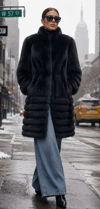 A stylish woman walking on a snowy New York City street at West 57th Street, wearing a plush black fox fur stroller coat with a tiered design, paired casually with wide-leg blue jeans, black pointed-toe boots, and dark sunglasses.