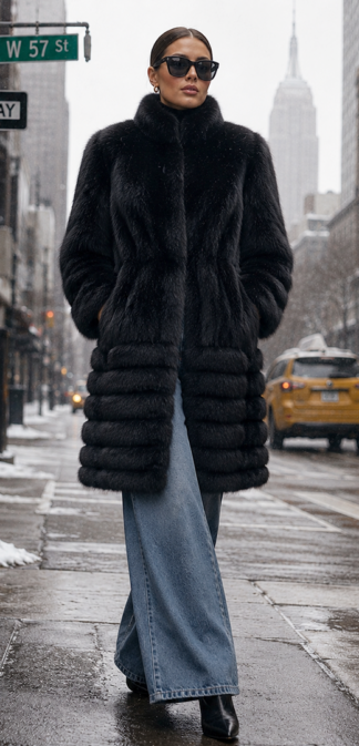 A stylish woman walking on a snowy New York City street at West 57th Street, wearing a plush black fox fur stroller coat with a tiered design, paired casually with wide-leg blue jeans, black pointed-toe boots, and dark sunglasses.