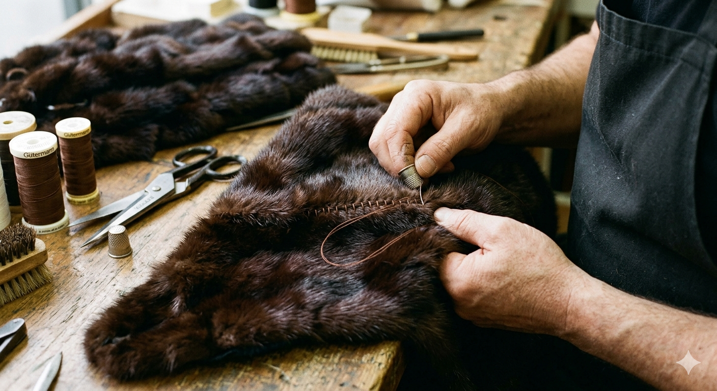 Close up of mink fur stitching and alteration