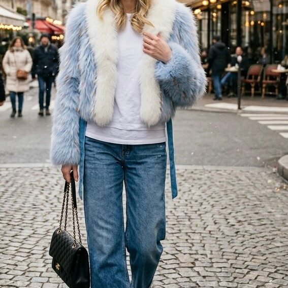 Feathered denim blue Fox Jacket white Fox Trim 3515 – MARC KAUFMAN