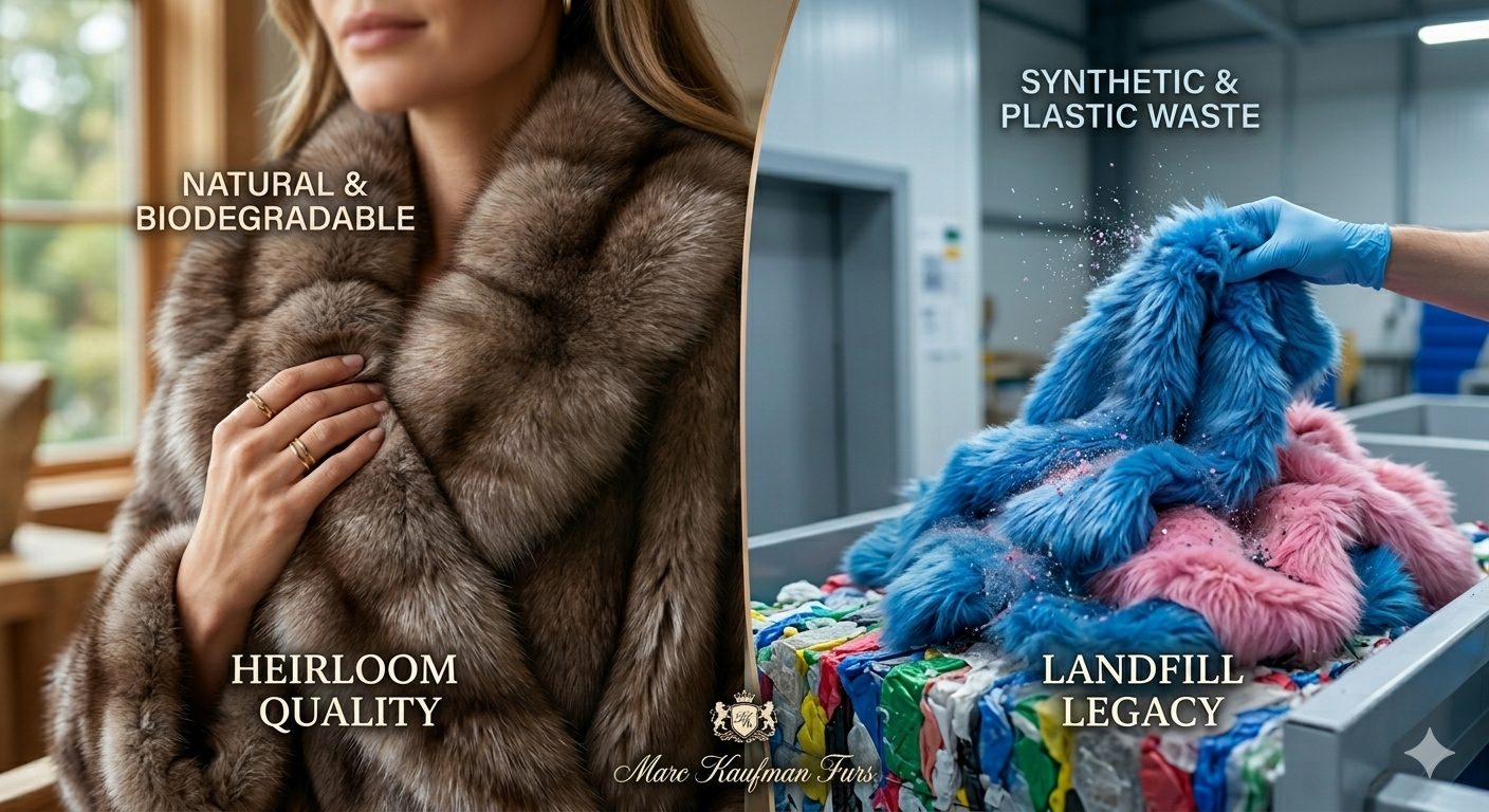 Split screen comparing a woman wearing a natural, biodegradable real fur coat to synthetic fake fur being discarded as plastic waste in a landfill.