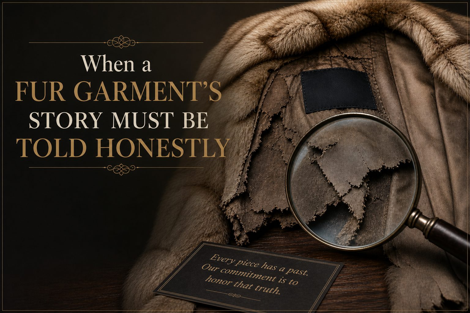A worn fur coat lining under a magnifying glass, beside the words When a Fur Garment's Story Must Be Told Honestly