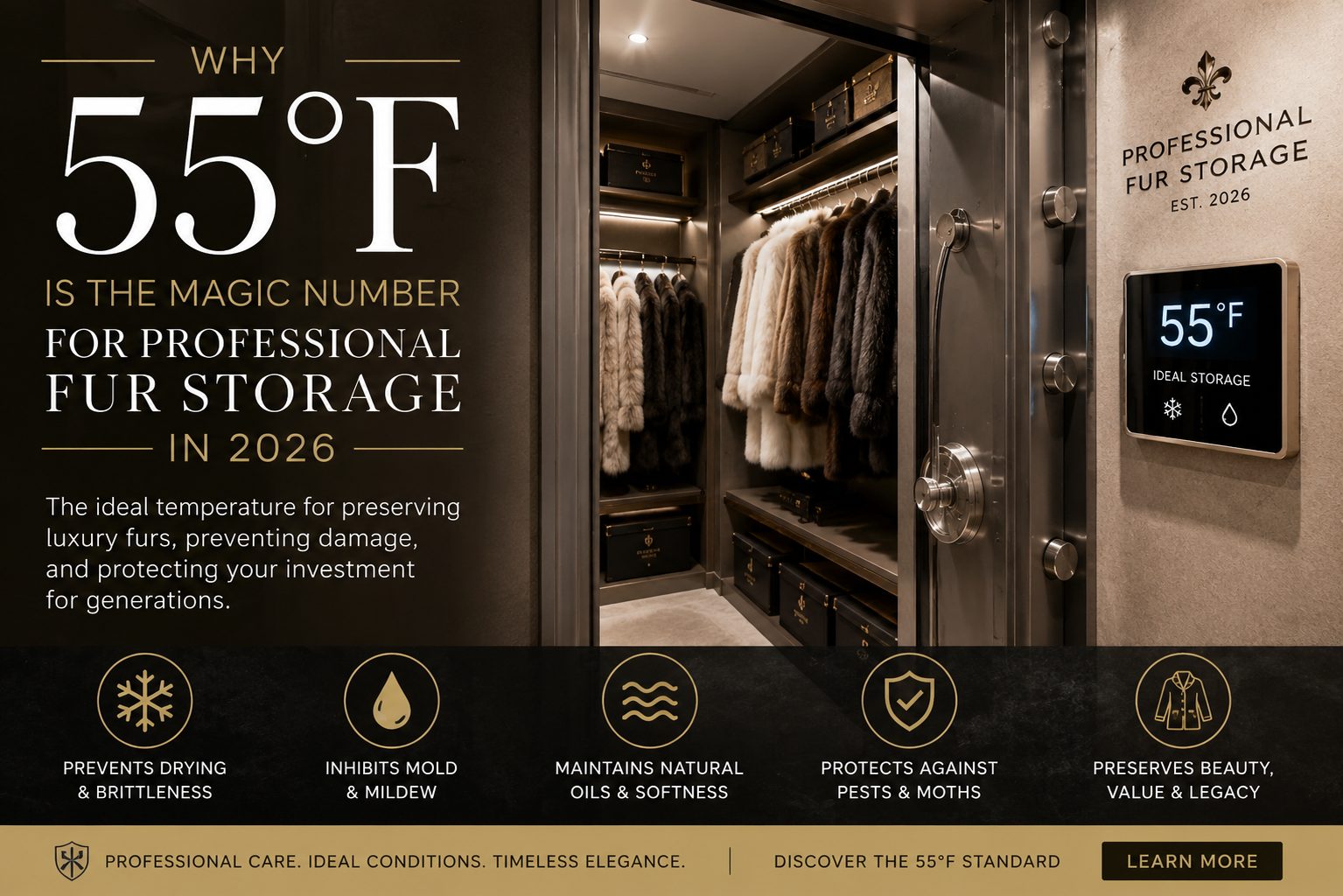 Luxury professional fur storage vault maintained at 55°F for preserving mink, sable, fox, and chinchilla fur garments in 2026