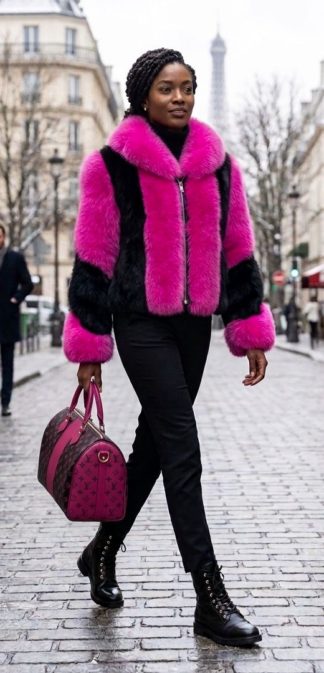 A model wearing a striking black and bright fuchsia fox fur jacket with a voluminous collar.