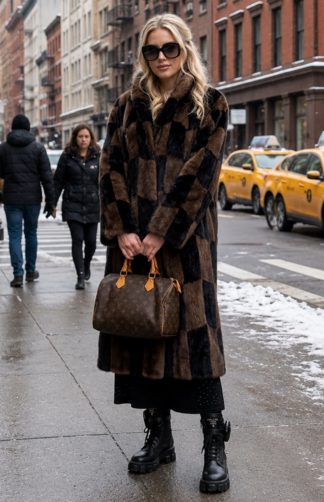 A chic blonde woman standing on a snowy Parisian street near an ornate green railing, wearing a short black rex rabbit fur jacket, black flared trousers, and silver heels, while carrying a black quilted handbag.