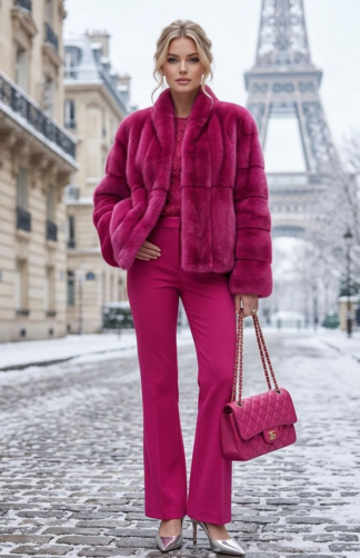 A fashionable woman standing on a snowy Parisian cobblestone street with the Eiffel Tower in the background, wearing a vibrant fuchsia pink rex rabbit fur jacket, matching fuchsia trousers, silver pointed-toe heels, and carrying a fuchsia quilted handbag.