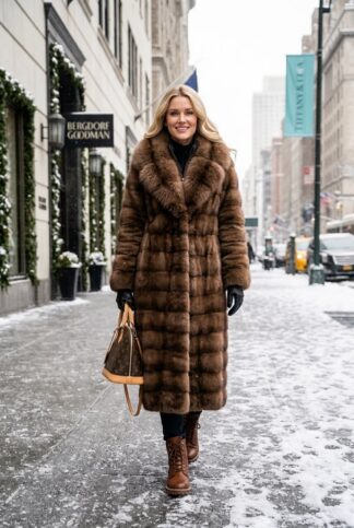 A blonde woman walking on a snowy city street wearing a luxury full-length horizontal brown mink coat with a large plush fox fur collar, styled with brown boots, black leather gloves, and a designer handbag.