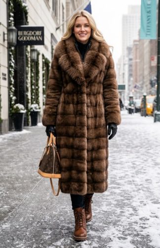 A blonde woman walking on a snowy city street wearing a luxury full-length horizontal brown mink coat with a large plush fox fur collar, styled with brown boots, black leather gloves, and a designer handbag.
