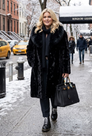 A full-body view of a plus-size woman with blonde hair, smiling as she walks down a snowy New York City sidewalk. She is wearing a black mink fur coat with a diamond texture and matching black fox fur collar, a black knit scarf, dark pants, and black and white striped boots, carrying a large black leather top-handle handbag. Bergdorf Goodman sign is visible in the background.