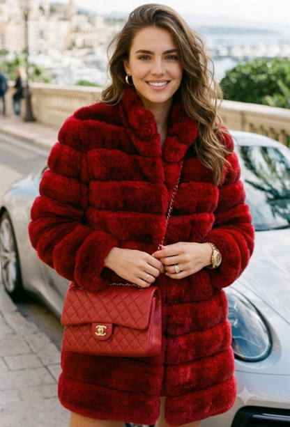 Smiling woman wearing a plush, horizontal-paneled red rex rabbit fur stroller coat with a matching red quilted chain strap handbag, posed outdoors next to a sports car.