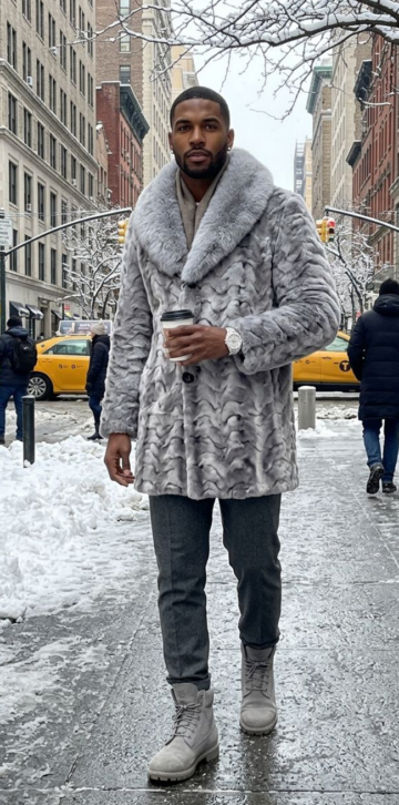 Sapphire diamond mink coat with a matching silver fox shawl collar, shown on a snowy New York street
