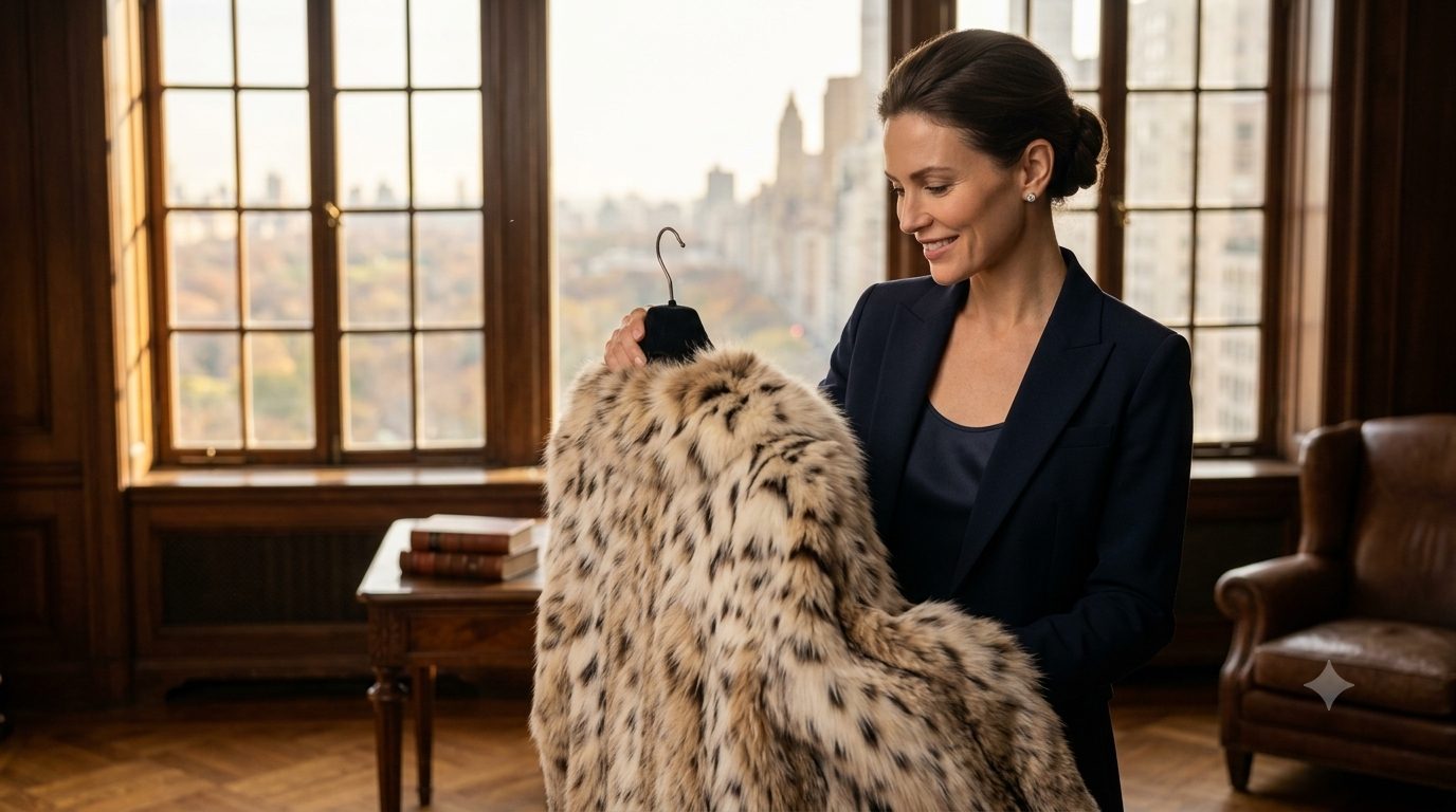 Elegant woman admiring an heirloom vintage lynx fur coat in a luxury apartment, representing professional fur appraisal and insurance valuation.