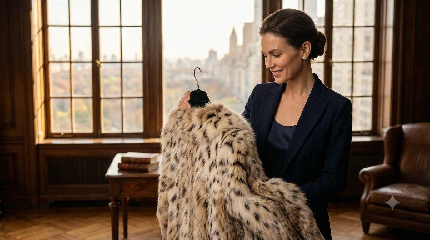 Elegant woman admiring an heirloom vintage lynx fur coat in a luxury apartment, representing professional fur appraisal and insurance valuation.