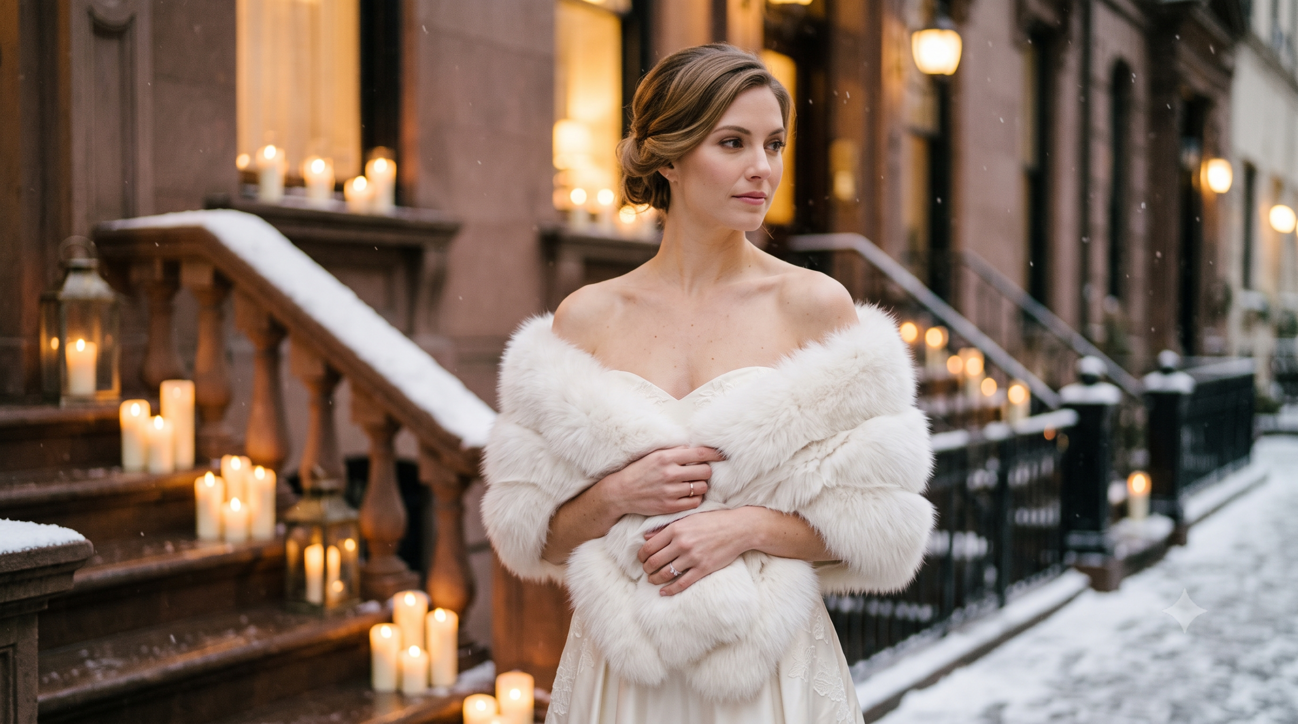 …an elegant bride with a plush white fox fur stole wrapped around her shoulders over a strapless ivory gown, snowy candlelit winter wedding, soft romantic lighting…