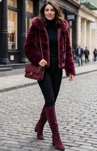 A fashion model demonstrating chic winter street style wearing a paneled burgundy rex rabbit hooded jacket on a cobblestone street.