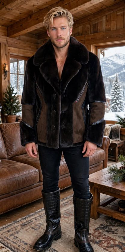 Mens Blackglama mink jacket with dark brown suede and studs - Blackglama mink jacket NYC