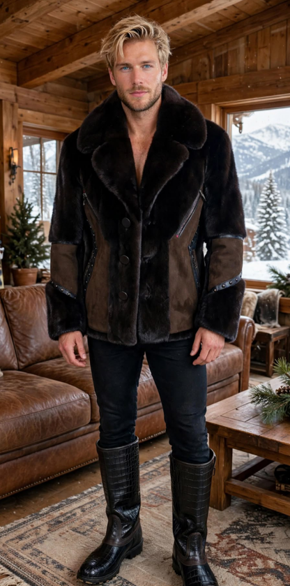 Mens Blackglama mink jacket with dark brown suede and studs - Blackglama mink jacket NYC
