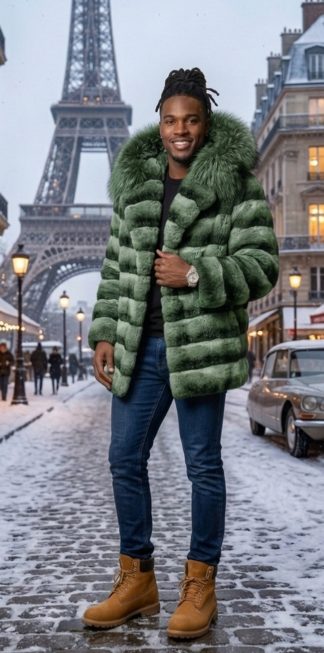 Money green rex rabbit chinchilla jacket with hooded collar, worn open.