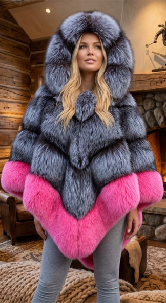 A woman modeling a luxurious Silver and Fuschia Fox Poncho Hood in a rustic cabin setting. The oversized outerwear features voluminous, natural silver fox fur on the upper body and hood, boldly contrasted with a vibrant fuchsia-dyed fox fur trim along the bottom hem.