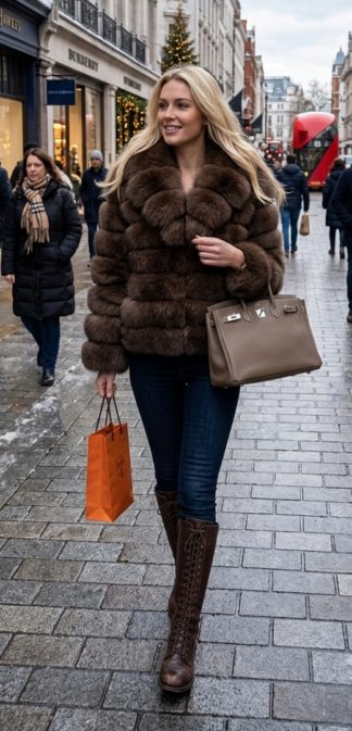A stylish blonde woman walking down a cobbled city street wearing a stunning horizontal brown fox fur jacket, dark denim jeans, and brown lace-up boots, while carrying a luxury taupe handbag.
