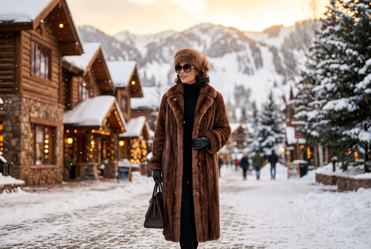 Woman in a luxury fur coat and après-ski outfit in snowy Aspen