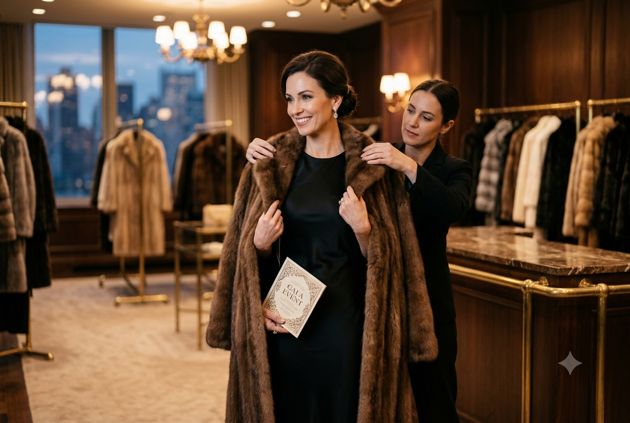 Woman trying on a rented mink fur coat for a gala in a New York furrier showroom — fur coat rental at Marc Kaufman Furs NYC
