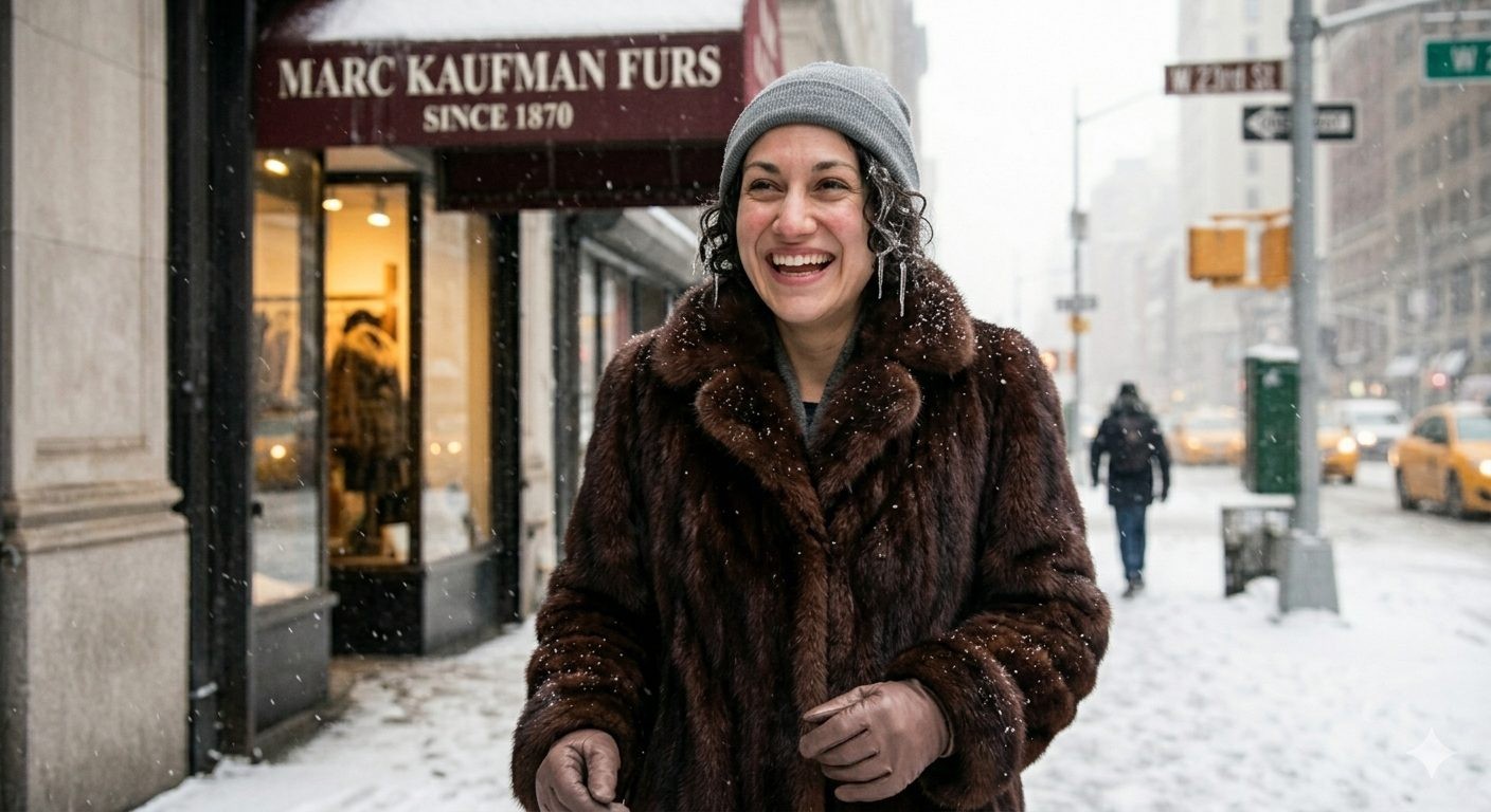 A smiling woman in a brown fur coat and grey knit hat on a snowy New York street outside a fur shop