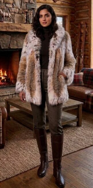 American lynx fur jacket with shawl collar, hip length, front view