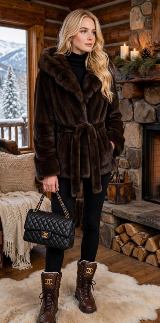 Brown sheared mink jacket with waist belt and full skin hood, front view
