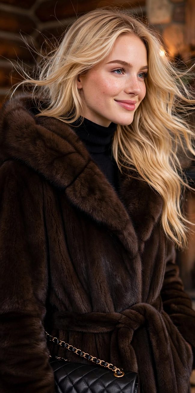 Brown sheared mink jacket collar and full skin hood close-up detail
